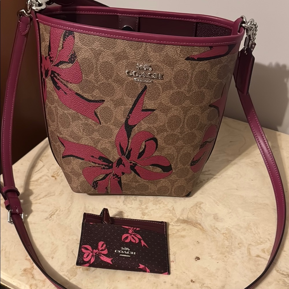Coach Brown and Pink Shoulder Bag with Floral Embroidery